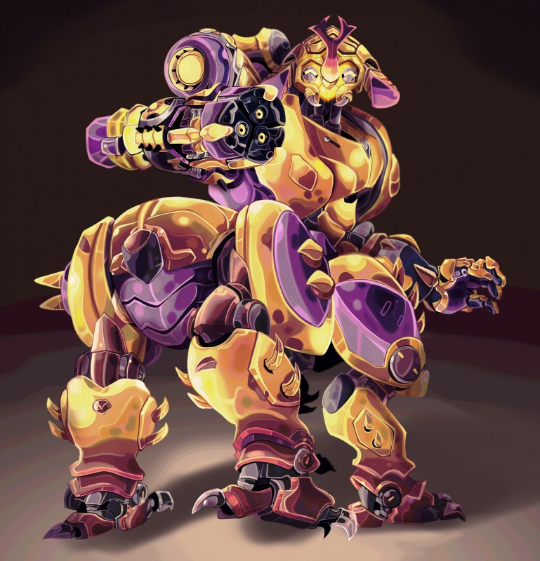 butt butt_focus female golden_body gun_arm looking_at_viewer machine mouthless not_furry ranged_weapon solo weapon artsyrobo blizzard_entertainment overwatch orisa_(overwatch) omnic robot taur absurd_res hi_res