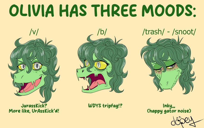 anthro blush eyelashes female freckled_face freckles green_body green_hair green_scales grey_eyes hair looking_at_viewer open_mouth open_smile scales short_hair simple_background slur smile snout solo text tongue yellow_sclera dopeyarts 4chan cavemanon_studios i_wani_hug_that_gator olivia_halford baryonyx dinosaur prehistoric_species reptile scalie spinosaurid theropod 2024 artist_name digital_drawing_(artwork) digital_media_(artwork) english_text hi_res meme watermark