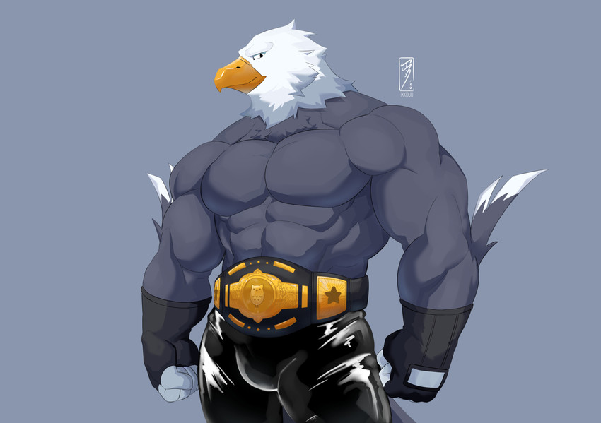 abs anthro beak biceps bottomwear championship_belt clothed clothing feathers gloves handwear male muscular muscular_anthro muscular_male pants pecs solo topless wrestler ixkouu animal_crossing nintendo apollo_(animal_crossing) accipitrid accipitriform avian bald_eagle bird eagle sea_eagle