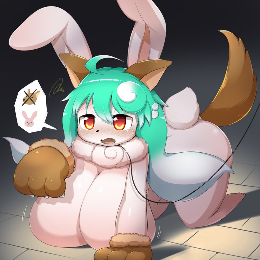 ahoge all_fours anal anal_penetration anthro bdsm black_nose blush breasts_on_ground buttplug buttplug_in_ass buttplug_insertion claws clothing cute_fangs dog_ears dog_tail fake_ears fake_tail female floor fur gloves green_hair hair handwear leash nude object_in_ass open_mouth orange_eyes penetration petplay plug_(sex_toy) plug_insertion roleplay sex_toy sex_toy_in_ass sex_toy_insertion shadow solo thick_thighs white_body white_fur obikuragetyan lagomorph leporid mammal rabbit 1:1 hi_res pictographics