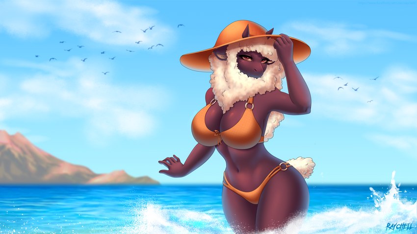 5_fingers anthro beach big_breasts black_body black_fur breasts clothed clothing curvy_figure female fingers fur hat headgear headwear horn looking_at_viewer markings mole_(marking) mouthless orange_clothing orange_swimwear sea seaside solo summer swimwear water wool_(fur) raychell amaverse xalda_(shg_ver.) bovid caprine mammal sheep werecaprine werecreature weresheep 16:9 absurd_res hi_res widescreen