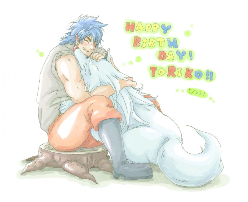 ambiguous_gender blue_hair cloth daww duo feral fur hair male simple_background tail white_background white_body white_fur unknown_artist toriko_(series) terry_cloth toriko battle_wolf canid canine canis human mammal wolf