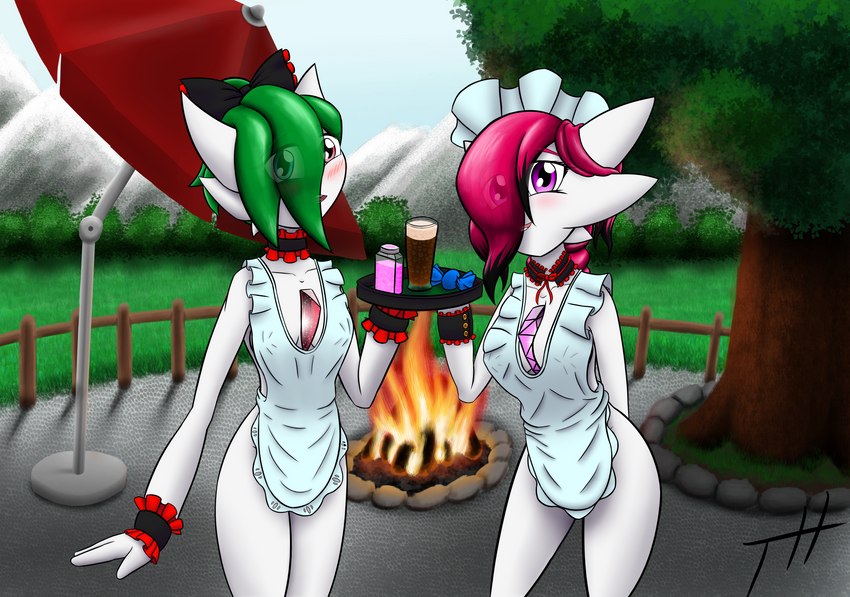 3_fingers apron apron_only beverage bonfire clothing detailed_background duo female fingers green_hair hair hair_over_eye hand_behind_back happy looking_at_viewer maid_apron maid_collar maid_headdress not_furry one_eye_obstructed purple_eyes red_eyes red_hair serving_tray slim_female smile smiling_at_viewer uniform ghostth39 nintendo pokemon ruby_(ghostth39) gardevoir generation_3_pokemon humanoid pokemon_(species) 2023 absurd_res hi_res signature