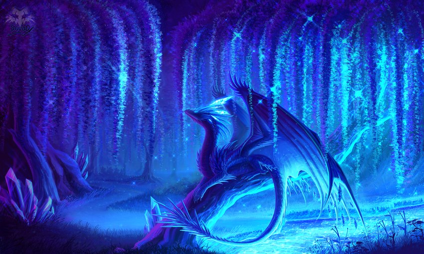 blue_body blue_eyes claws crystal feral forest glowing_water male membrane_(anatomy) plant river sitting solo tail tree water wings sovaq mythology elikos_(alanox) crystal_dragon dragon mythological_creature mythological_scalie scalie 5:3 hi_res