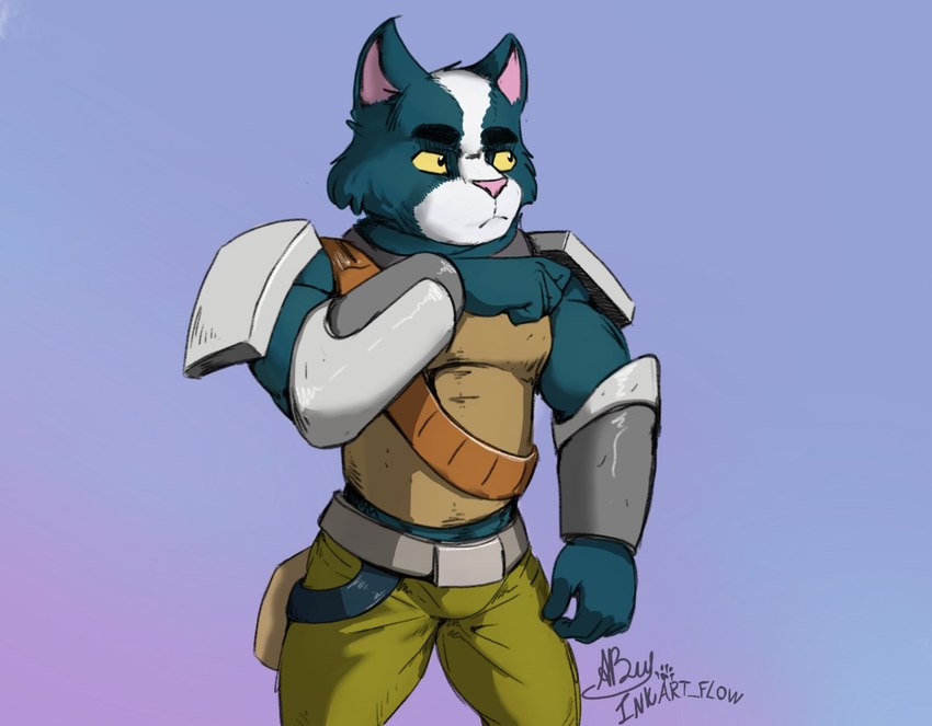 angry anthro belt black_eyes blue_background bottomwear clothed clothing frown fur green_body green_fur looking_aside looking_away male multicolored_body multicolored_fur pants pink_nose pose purple_background raised_arm shirt simple_background solo standing thick_thighs topwear torn_clothing white_body white_fur yellow_sclera inkart_flow final_space avocato domestic_cat felid feline felis mammal ventrexian 2021 portrait three-quarter_portrait