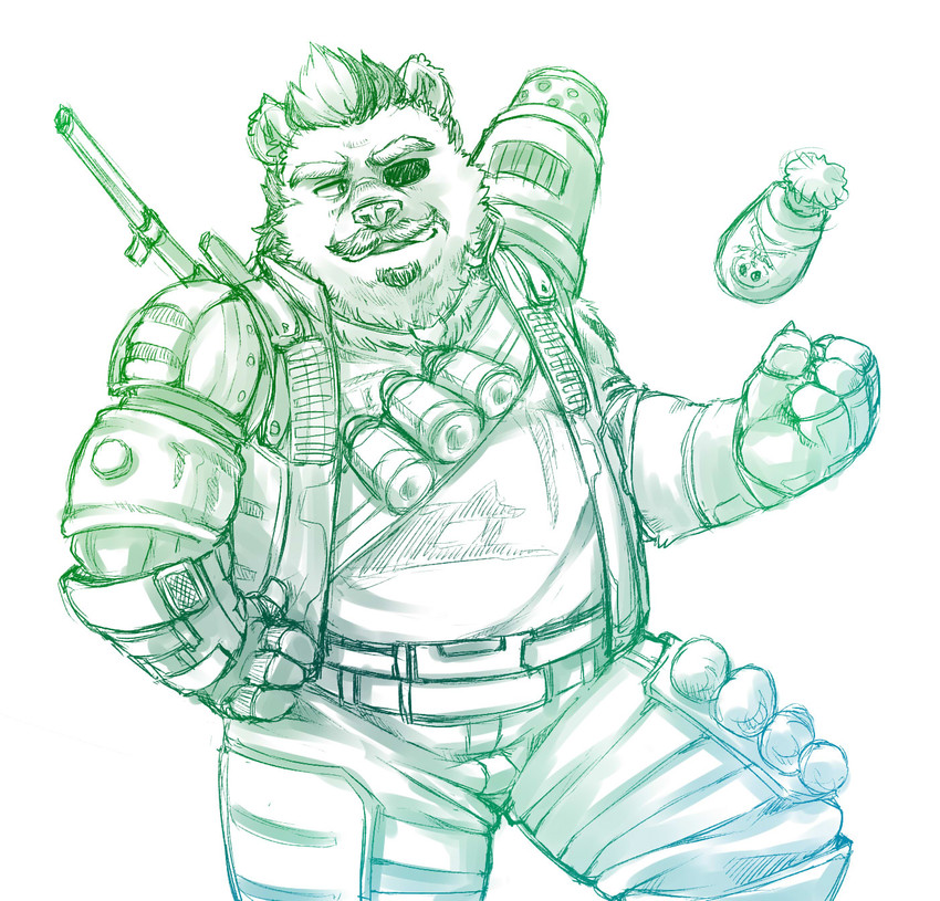 anthro beard bottomwear clothing facial_hair humanoid_hands kemono male mustache pants shirt simple_background solo topwear weapon white_background furipon apex_legends electronic_arts respawn_entertainment fuse_(apex_legends) bear mammal 2021 hi_res sketch