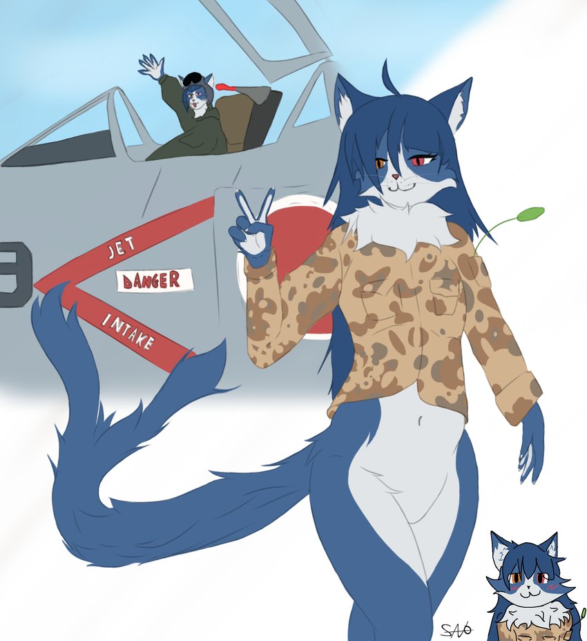 aircraft airplane anthro blue_body blue_fur blue_hair clothed clothing fur gesture hair hand_gesture long_hair male simple_background smile solo tail text v_sign vehicle white_body white_fur savo japan_air_self-defense_force omaneko_(jasdf) domestic_cat felid feline felis mammal absurd_res english_text hi_res