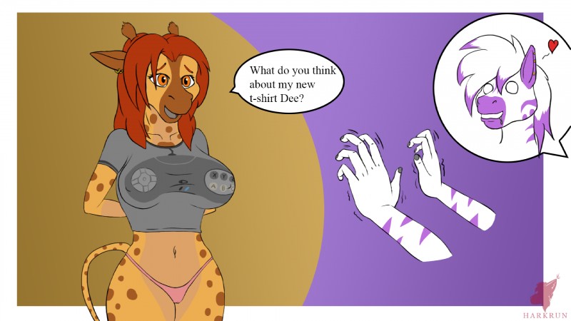 anthro big_breasts breasts camel_toe clothing controller cord duo female game_controller game_controller_shirt genesis_controller panties retro_controller sega_controller shirt t-shirt text thong topwear underwear wired_controller conditional_dnp harkrun copyright sega sega_genesis diamond_(kadath) puzzle_(kadath) equid equine giraffe giraffid mammal zebra 16:9 english_text hi_res widescreen