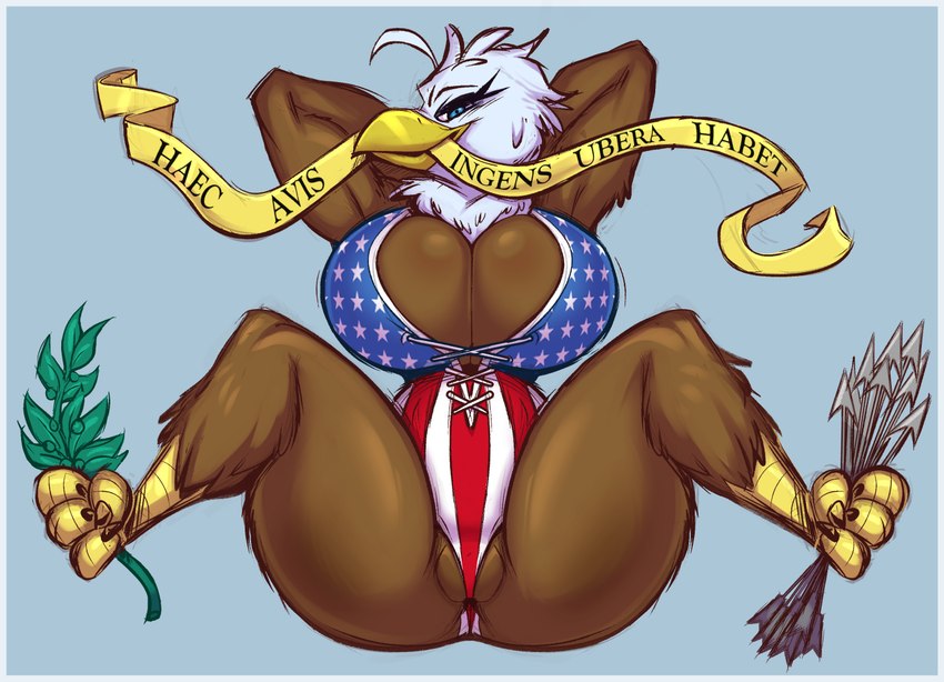 american_flag anthro arrow_(weapon) avian_feet beak big_breasts biped blue_background blue_eyes breasts brown_body brown_feathers camel_toe clothing feathers feet female female_anthro genitals hands_behind_head huge_breasts motto non-mammal_breasts object_in_mouth olive_branch one-piece_swimsuit parody presenting pussy pussy_floss ranged_weapon simple_background solo speech_scroll spread_legs spreading swimwear talons text thick_thighs toes united_states_of_america weapon white_body white_feathers yellow_beak joelasko great_seal_of_the_united_states jane_(breegulleagle) accipitrid accipitriform avian bald_eagle bird eagle sea_eagle 2024 latin_text translated