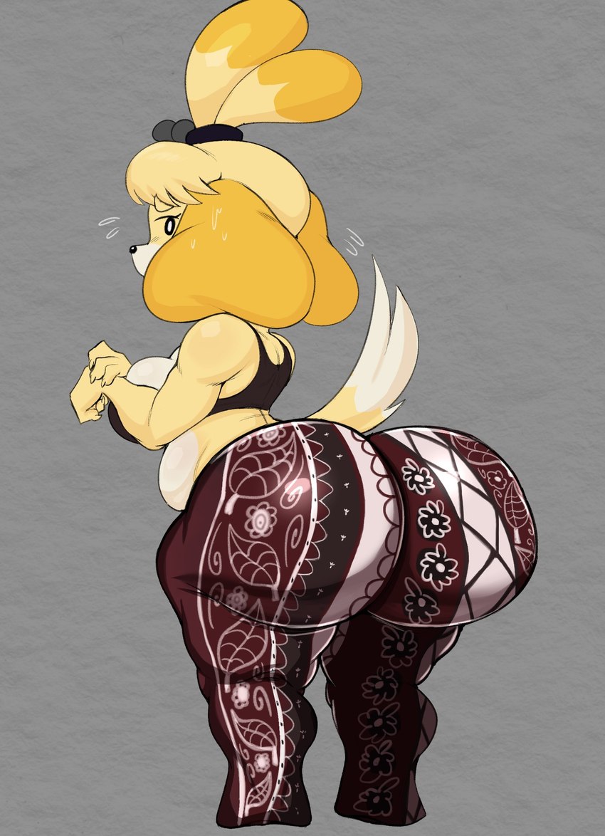 anthro big_breasts big_butt bottomwear bra breasts butt clothing dipstick_tail female huge_butt looking_at_viewer looking_back markings pants slightly_chubby solo sports_bra tail tail_markings underwear yellow_body purple_yoshi_draws animal_crossing forbidden_pants nintendo isabelle_(animal_crossing) canid canine canis domestic_dog mammal shih_tzu toy_dog 2025 hi_res
