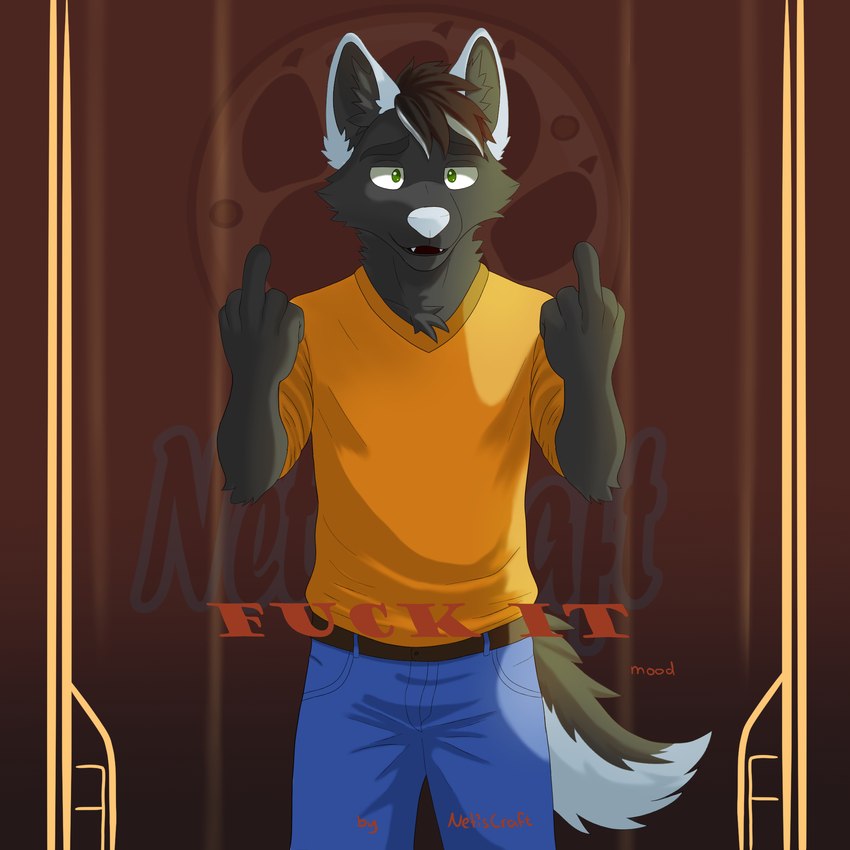 angry annoyed anthro bad_mood fictional_magazine_cover gesture hand_gesture indifferent male middle_finger solo netiscraft canid canine canis mammal wolf cover hi_res magazine_cover