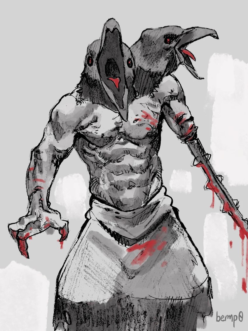 2_heads 3_fingers abs amputee apron apron_only beak black_beak black_body black_feathers blood blood_on_apron blood_on_arm blood_on_chest blood_on_clothing blood_on_hand blood_on_weapon bodily_fluids cawing clothed clothing disability feathers fingers for_a_head male multi_head muscular muscular_humanoid muscular_male navel no_pupils open_mouth red_sclera simple_background solo spikes standing tongue tongue_out topless topless_humanoid topless_male weapon weapon_arm white_apron white_background white_clothing bemp0 fear_and_hunger crow_mauler double_crow_mauler animal_head animal_humanoid avian avian_humanoid bird bird_humanoid corvid corvid_humanoid corvus_(genus) corvus_humanoid crow crow_humanoid humanoid oscine passerine 2024 3:4 colored colored_sketch hi_res shaded signature sketch