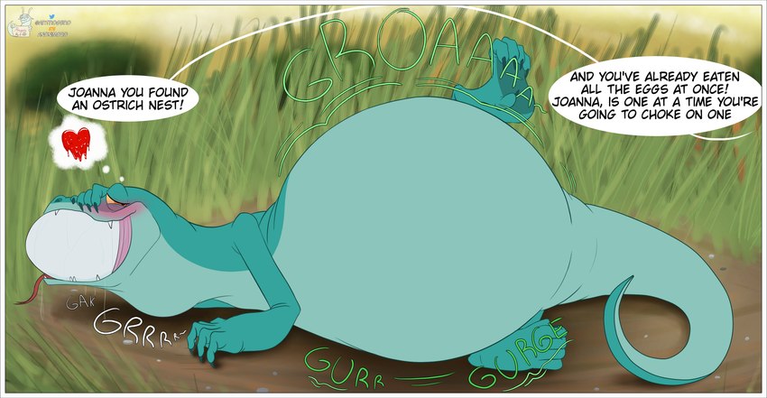 belly big_belly black_border blush bodily_fluids border egg female feral neck_bulge object_vore rumbling_stomach saliva solo swallowing_eggs tail tailbutt text tongue tongue_out vore rogero_(artist) disney the_rescuers_(disney) the_rescuers_down_under joanna_the_goanna lizard monitor_lizard reptile scalie absurd_res english_text hi_res watermark