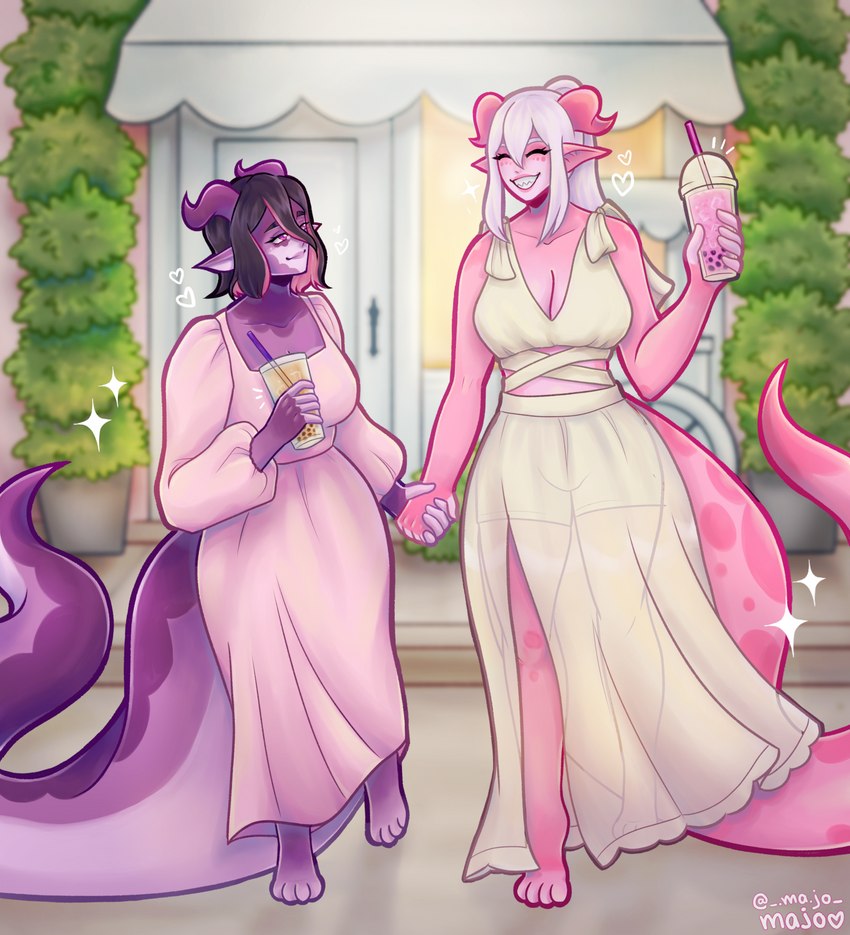 anthro beverage big_tail breasts bubble_tea cleavage clothed clothing detailed_background dress duo eyes_closed feet female hair hand_holding heart_symbol horn long_dress ponytail sharp_teeth smile sparkles tail teeth toes majo mythology lilikoi_gumi lychee_gumi dragon mythological_creature mythological_scalie scalie hi_res gynomorph_(lore) sibling_(lore) sister_(lore) sisters_(lore)