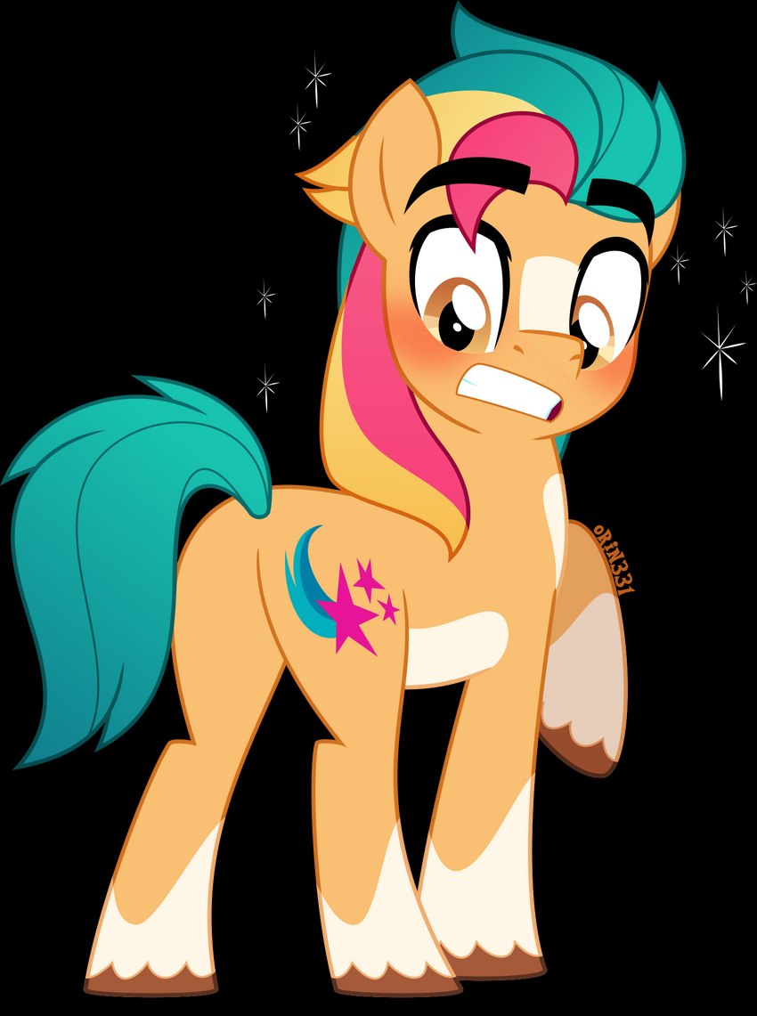 alternate_cutie_mark amber_eyes blush clenched_teeth cutie_mark feral fur hair hooves leg_markings male markings multicolored_hair orange_body orange_fur socks_(marking) solo sparkles teeth turquoise_hair turquoise_tail orin331 hasbro mlp_g5 my_little_pony hitch_trailblazer_(mlp) earth_pony equid equine horse mammal pony alpha_channel hi_res