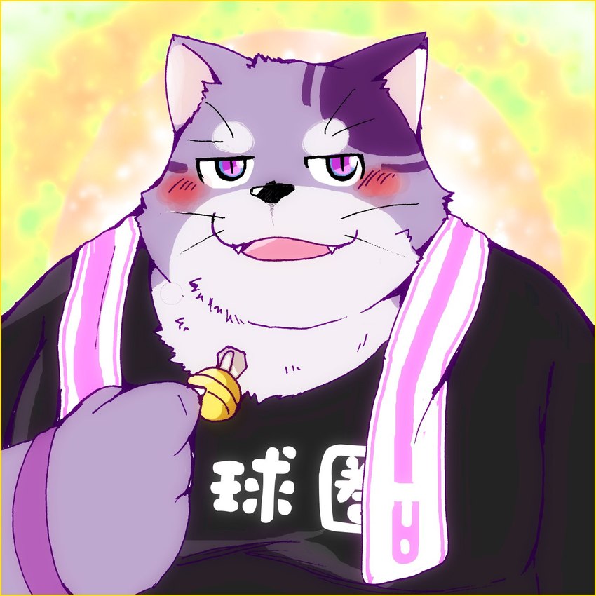 anthro bell bell_collar belly blush clothing collar fur male overweight purple_body purple_fur shirt solo striped_body striped_fur stripes t-shirt text topwear towel snow_utamaru lifewonders live_a_hero bygul domestic_cat felid feline felis mammal 1:1 hi_res japanese_text