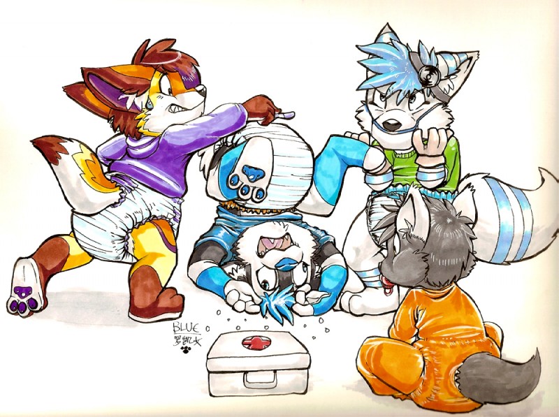 ageplay angry anthro bandage bodily_fluids clean_diaper clothed clothing derp_eyes diaper doctor exposed_diaper face_mask female group infantilism male onesie orange_clothing pacifier paws roleplay sweat sweatdrop tail wearing_diaper young young_anthro blue_ferret pupspace kalida_(character) silkenpaws toya_pup