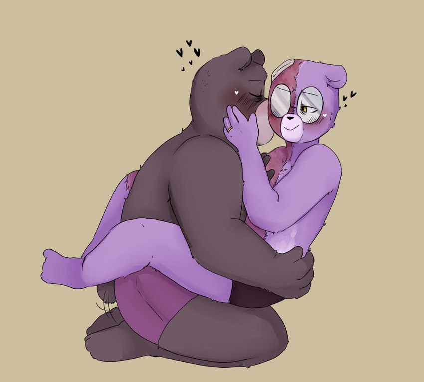 anthro blush brown_body clothing duo eyewear glasses hug male purple_body scar underwear zadscat unicorn_wars padre_(unicorn_wars) sargento_caricias bear mammal 2023 hi_res