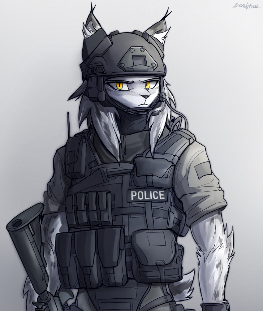 ambiguous_gender anthro armor body_armor clothing fur gun headgear helmet inner_ear_fluff looking_at_viewer police police_uniform ranged_weapon rifle simple_background solo tuft uniform weapon white_body white_fur yellow_eyes endjfcar hartman_(hunglee) felid feline lynx mammal 2018 hi_res