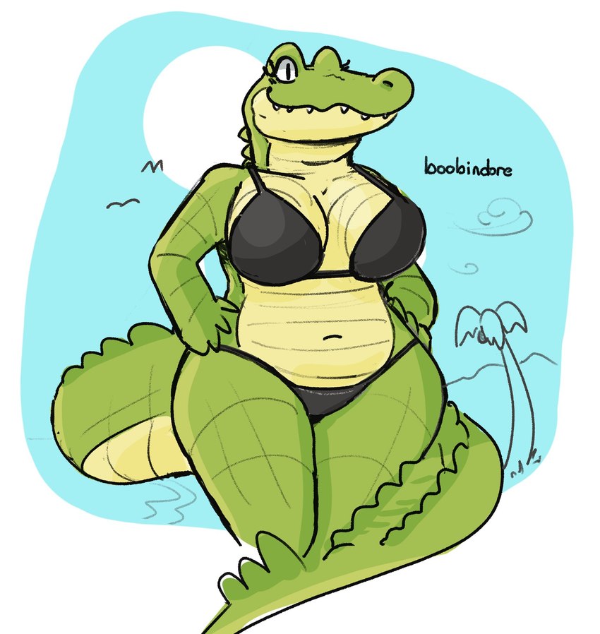 anthro bikini breasts clothing female green_body green_scales hands_on_hips non-mammal_breasts scales sharp_teeth slightly_chubby smile solo swimwear teeth two-piece_swimsuit ventral_scales wide_hips dubindore boobindore_(dubindore) alligator alligatorid crocodilian reptile scalie hi_res portrait three-quarter_portrait