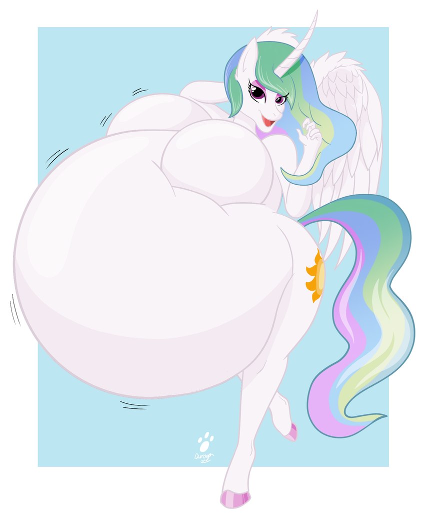 5_fingers anthro belly big_belly big_breasts blue_hair blue_tail breasts cutie_mark ethereal_hair ethereal_tail eyeshadow feathered_wings feathers featureless_breasts female female_anthro fingers green_hair green_tail hair hooves horn huge_belly huge_breasts hyper hyper_belly long_hair long_horn makeup multicolored_hair multicolored_tail open_mouth open_smile pink_eyes pink_eyeshadow pink_hair pink_tail smile tail white_body white_feathers wings duragan friendship_is_magic hasbro my_little_pony mythology princess_celestia_(mlp) equid equine mammal mythological_creature mythological_equine winged_unicorn digital_media_(artwork) hi_res