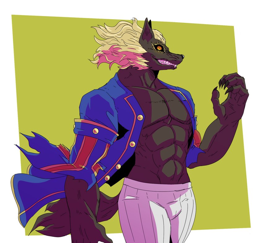 abs anthro black_sclera blonde_hair clothing coat hair male muscular muscular_male pecs solo topwear yellow_eyes reagan700 atlus megami megami_tensei mythology sega shin_megami_tensei_v loup-garou_(megami_tensei) canid canine canis mammal mythological_canine mythological_creature werecanid werecanine werecreature werewolf wolf hi_res