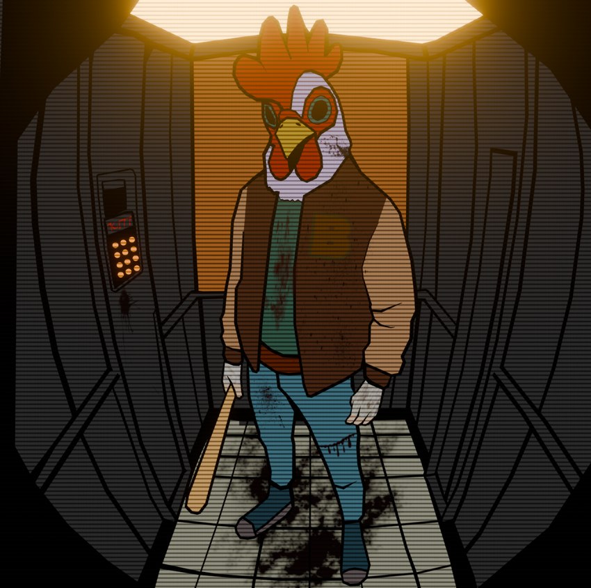 4_fingers anthro avian_caruncle beak black_border black_eyes blood blood_on_clothing blood_on_floor blood_on_jacket blood_on_pants blood_on_shirt blood_on_wall blood_stain blue_bottomwear blue_clothing blue_footwear blue_pants blue_sclera blue_shoes bodily_fluids border bottomwear camera_view clothing elevator feathers fingers footwear green_clothing green_jacket green_topwear holding_bat holding_melee_weapon holding_object holding_weapon inside jacket lights looking_at_viewer male melee_weapon multicolored_clothing multicolored_topwear open_wound pants print_clothing print_jacket print_topwear red_crest scar shirt shoes solo standing text text_on_clothing text_on_jacket text_on_topwear text_print topwear two_tone_clothing two_tone_jacket two_tone_topwear weapon white_body white_feathers yellow_beak digiboxfluffles hotline_miami richard_(hotline_miami) avian bird chicken galliform gallus_(genus) phasianid 2024 3d_(artwork) blender_(artwork) colored digital_media_(artwork) shaded