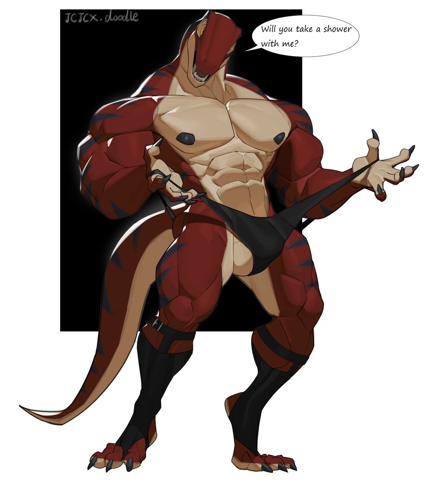 abs anthro balls biceps claws digitigrade finger_claws garter_socks genitals male muscular muscular_anthro muscular_male nipples pecs simple_background solo speech_bubble tail teeth toe_claws white_background cxcxxcxxxx dinosaur prehistoric_species reptile scalie absurd_res hi_res