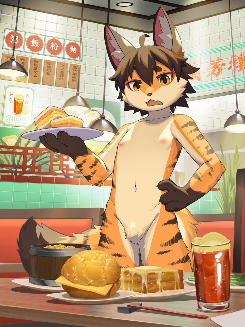 ahoge anthro areola arm_markings back_markings bangs beverage biped black_nose bread brown_body brown_claws brown_ears brown_eyebrows brown_fur brown_hair brown_hands brown_markings brown_stripes brown_tail_tip casual_nudity ceiling chopsticks claws container countershade_arms countershade_face countershade_fur countershade_legs countershade_tail countershade_torso countershading crotch_lines cup detailed_food dipstick_tail drinking_glass dumplings eyebrows featureless_crotch finger_claws fingers fluffy fluffy_tail food front_view fur fur_markings furniture glass glass_container glass_cup gloves_(marking) hair hair_between_eyes hand_on_hip hand_on_own_hip holding_object holding_plate inner_ear_fluff inside inverted_nipples iris kemono lamp leg_markings light long_tail looking_at_viewer male male_anthro markings monotone_hair multicolored_body multicolored_fur navel nipples nude nude_anthro nude_male open_mouth orange_body orange_fur paws pink_areola pink_inner_ear plant plate pose public public_nudity pupils restaurant sandwich_(food) short_hair solo standing striped_body striped_fur striped_markings stripes table tail tail_markings tea text tile tile_wall toe_claws tray tuft waiter wall_(structure) white_body white_countershading white_fur white_inner_ear_fluff white_sclera white_tuft yellow_eyes hauhau_mg yeorangyee canid canine felid fox hybrid mammal pantherine tiger absurd_res chinese_text detailed hi_res lighting pinup portrait three-quarter_portrait