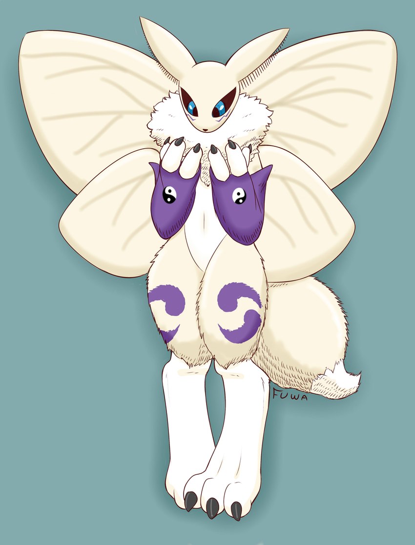 3_fingers 3_toes ambiguous_gender anthro big_feet blue_eyes claws feet fingers fur solo tail toes white_body white_fur mr_fuwa bandai_namco digimon arthropod canid canine digimon_(species) fox hybrid insect lepidopteran mammal moth renamon absurd_res full-length_portrait hi_res portrait