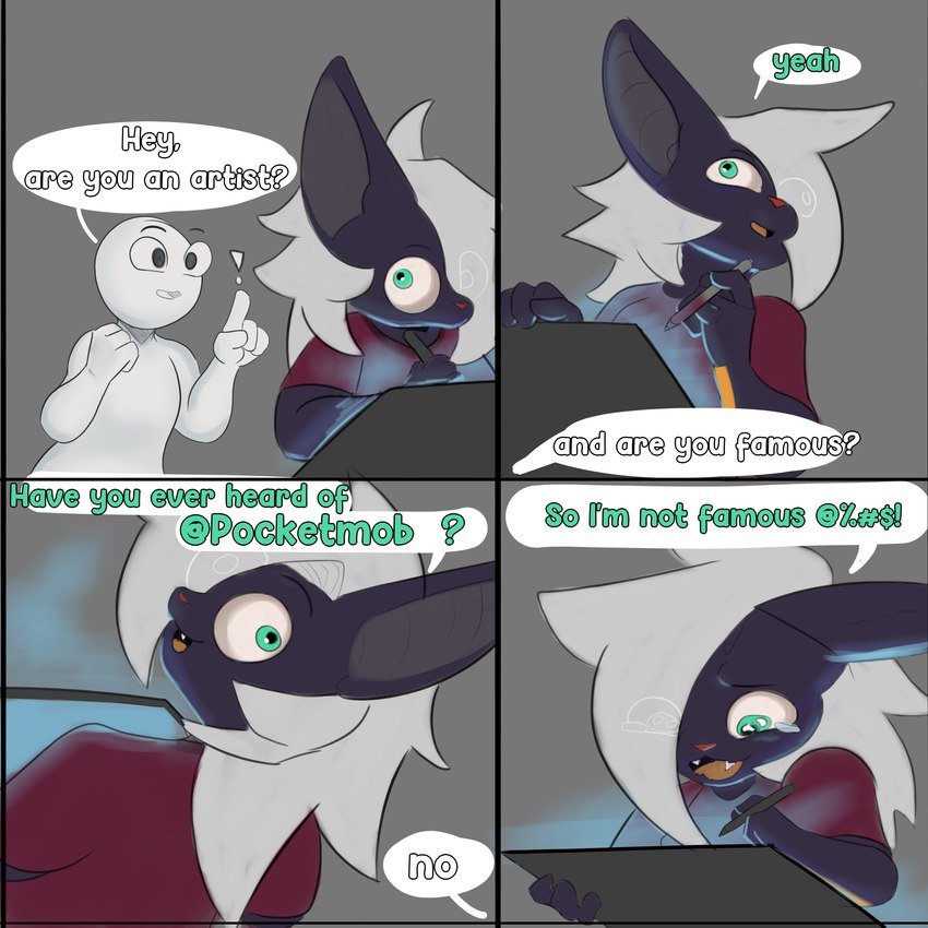 4_panel_comic anthro artist black_body black_fur bodily_fluids clothed clothing creating_art crying cute_fangs dialogue drawing_tablet duo exclamation_point eye_through_hair fangs fur grawlixes hair long_ears male red_clothing red_nose red_shirt red_topwear shirt tablet_pen teal_eyes tears teeth text topwear translucent translucent_hair white_hair pocketmob anon 1:1 absurd_res comic english_text half-length_portrait hi_res portrait