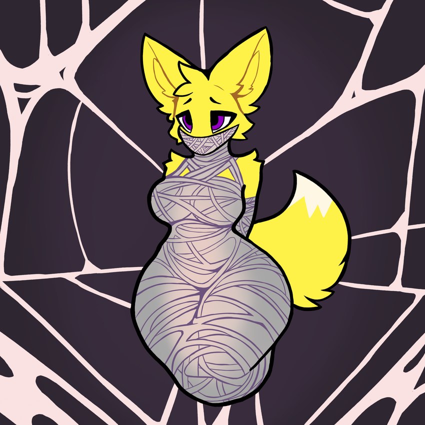 anthro arthropod_webbing bdsm bondage bound breasts cocooned encasement female fully_bound fur mummification solo spider_web tail thick_thighs web_bondage web_gag wide_hips yellow_body yellow_ears yellow_fur yellow_tail oscarvornm canid canine fox mammal 1:1 absurd_res hi_res