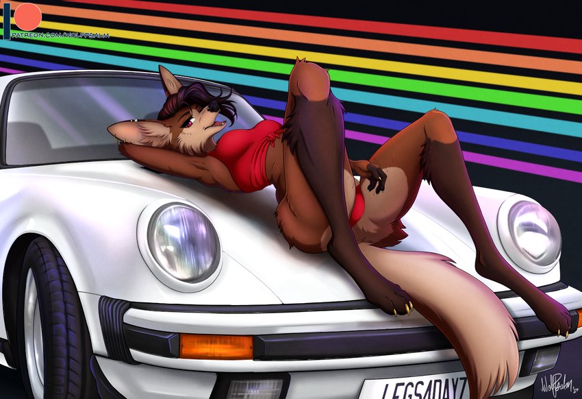 4_toes 5_fingers anthro barefoot black_hair black_nose breasts brown_body brown_fur butt car clothed clothed_anthro clothed_female clothing crop_top fangs feet female fingers fur hair hindpaw humanoid_hands lying on_back on_car panties paws shirt solo teeth text toes tongue topwear underwear vehicle wolfpsalm porsche porsche_911 canid canine mammal maned_wolf 2024 signature url