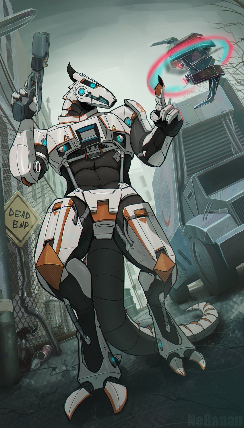 anthro car detailed_background digitigrade gun handgun machine male pistol ranged_weapon solo vehicle weapon nebanan half-life half-life_alyx valve robot synth_(vader-san) absurd_res hi_res