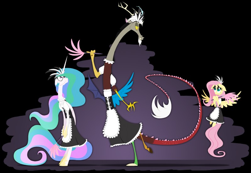 annoyed antlers blue_eyes cleaning_tool clothing fangs feather_duster feathered_wings feathers female flying group hair horn maid_uniform male multicolored_hair pink_hair purple_eyes red_eyes smile standing teeth uniform wings grievousfan friendship_is_magic hasbro my_little_pony mythology discord_(mlp) fluttershy_(mlp) princess_celestia_(mlp) chimera draconequus equid equine mammal mythological_creature mythological_equine pegasus winged_unicorn 2013 alpha_channel hi_res