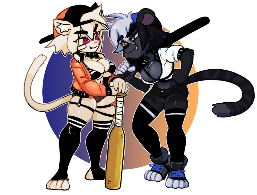 5_fingers amber_eyes anthro arm_tuft backwards_baseball_cap backwards_hat bandage bandage_on_face baseball_bat baseball_cap bat_(object) big_breasts black_bikini_top black_body black_bottomwear black_clothing black_eyebrows black_fur black_hair black_legwear black_nose black_shorts black_tail black_thigh_highs blue_clothing blue_hat blue_headwear bottomwear breasts brown_bottomwear brown_clothing brown_shorts chest_tuft clothed clothed_anthro clothed_female clothing duo elbow_tuft eye_contact eye_through_hair eyebrow_through_hair eyebrows eyelashes fangs feet female female/female female_anthro fingers footwear fur hair hand_on_hip hat headgear headwear holding_baseball_bat hotpants inner_ear_fluff jacket legwear light_body light_fur light_hair light_tail looking_at_another markings mouth_closed multicolored_eyes multicolored_hair narrowed_eyes open_clothing open_jacket open_topwear orange_clothing orange_jacket orange_topwear pink_nose sabertooth_(anatomy) shorts smile snaggle_tooth squish standing stirrup_legwear striped_markings striped_tail stripes tail tail_markings teeth thick_eyebrows thigh_highs thigh_squish thigh_strap tied_hair toes topwear translucent translucent_hair tuft two_tone_eyes two_tone_hair white_clothing white_topwear jellotsok frankie_(extremedash) vodka_(extremedash) felid lion mammal pantherine 2020 digital_drawing_(artwork) digital_media_(artwork) full-length_portrait hi_res portrait