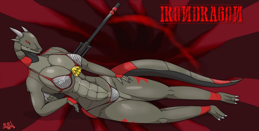 abs abstract_background anthro armor big_breasts bikini bikini_armor breasts chainmail chainmail_bikini clothing female hand_on_leg horn lying machine metal_horn muscular muscular_female navel no_pupils on_side red_background red_sclera red_star red_text simple_background solo swimwear tail tank text two-piece_swimsuit unconvincing_armor vehicle eel_(artist) command_and_conquer electronic_arts mythology red_alert_(series) dragon living_machine living_tank living_vehicle mythological_creature mythological_scalie scalie 2022 digital_media_(artwork) english_text hi_res shaded