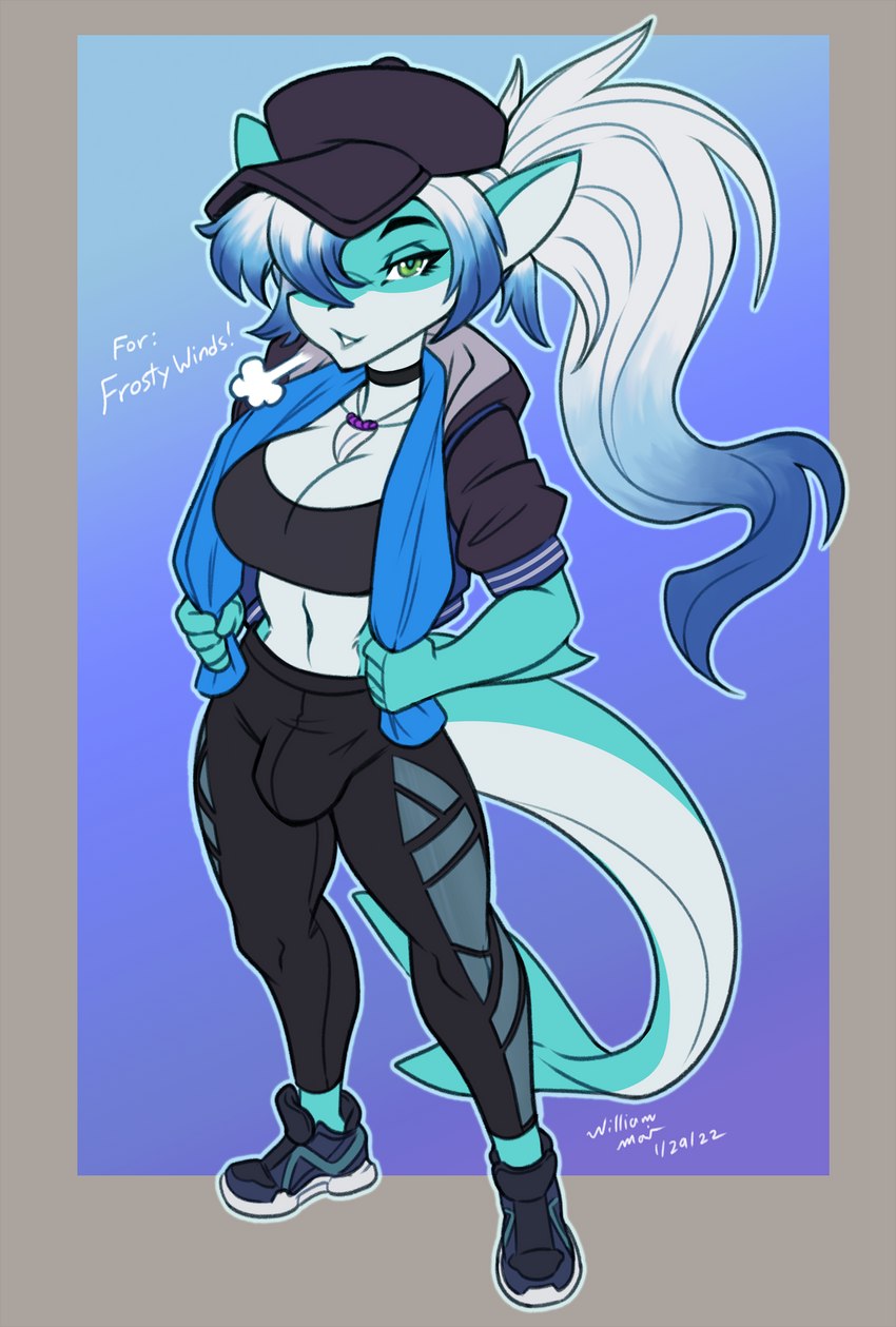 anthro athletic_wear bottomwear breasts bulge cleavage clothed clothed_anthro clothed_gynomorph clothed_intersex clothing gynomorph hair intersex looking_at_viewer pants simple_background solo towel yoga_pants wmdiscovery93 frosty_(sharky) fish marine shark hi_res