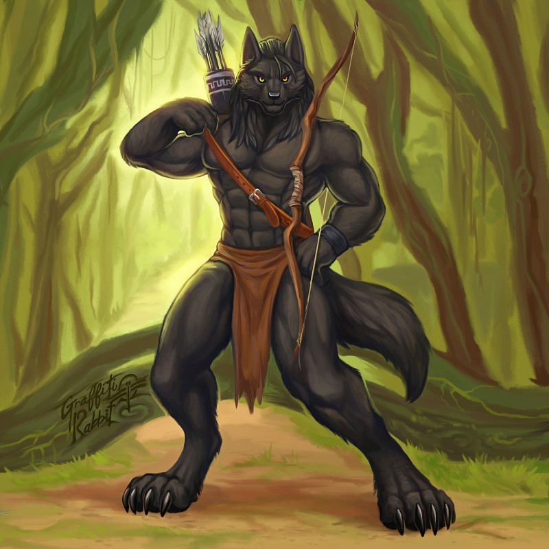 abs anthro arrow_(weapon) biceps black_body black_fur bottomwear bow_(weapon) clothing fur hair loincloth male muscular pecs ranged_weapon solo weapon byowt canid canine canis mammal wolf 1:1 2019 digital_media_(artwork) hi_res