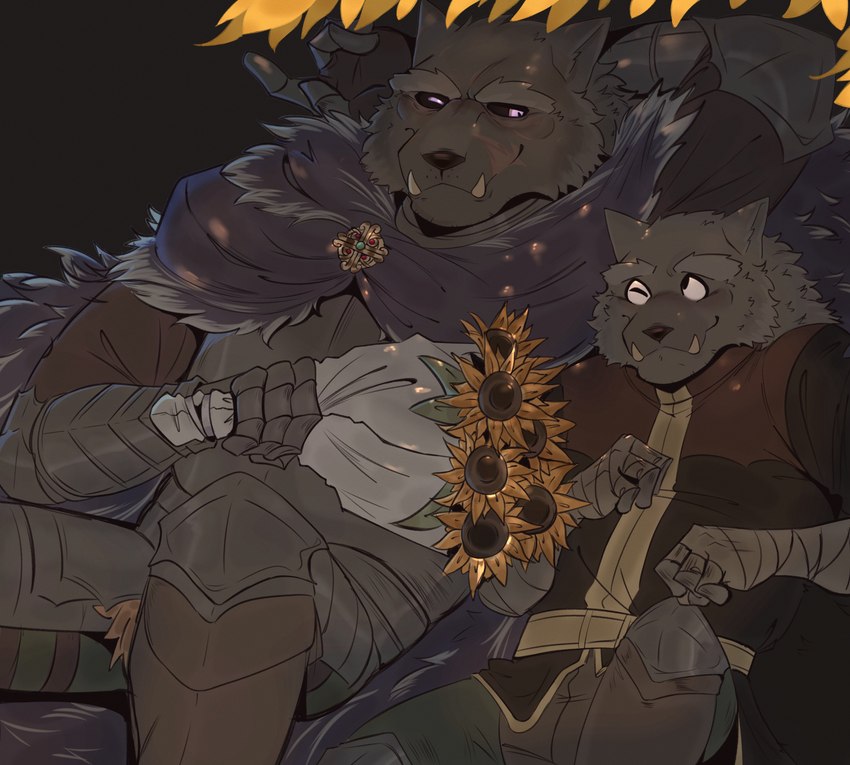 anthro armor black_sclera blush brooch cape clothing duo fangs flower fur_cape fur_clothing male male/male plant scar smile sunflower teeth quetza elden_ring fromsoftware blaidd_(elden_ring) canid canine canis mammal wolf absurd_res hi_res