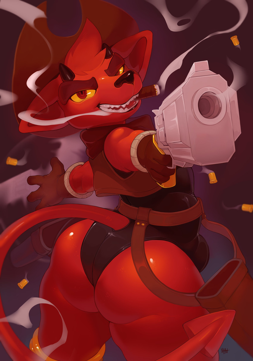 anthro big_butt butt cigar clothing cowboy_hat fur gloves gun handgun handwear hat headgear headwear kerchief leotard male neckerchief neckwear pistol ranged_weapon red_body red_eyes red_fur short_stack smoking solo spade_tail tail thick_thighs topwear vest weapon wide_hips yellow_sclera xyder kings_of_hell gremile_'hotshot' demon imp absurd_res hi_res