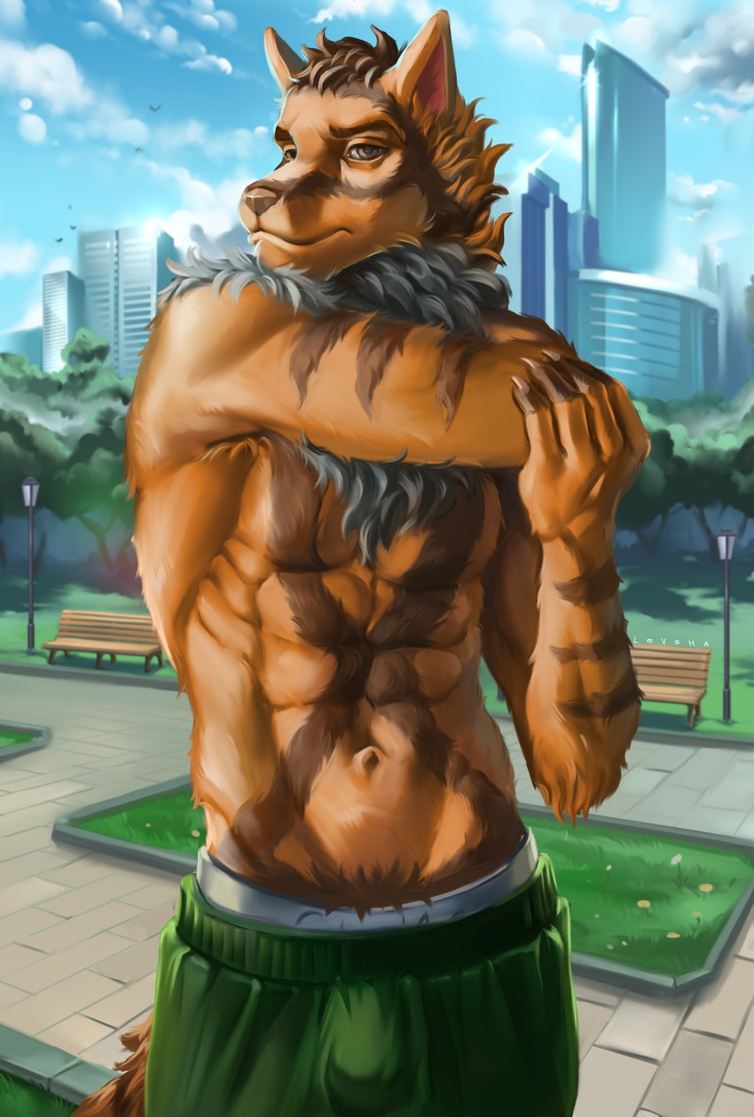 anthro athlete bench brown_body brown_fur butt city clothing ears_up fox_tail fur green_eyes grey_body grey_fur lamp lantern male morning muscular orange_body orange_fur panties park pubes solo summer underwear yellow_body yellow_fur levsha canid canine canis felid hybrid mammal pantherine tiger wolf absurd_res digital_media_(artwork) hi_res