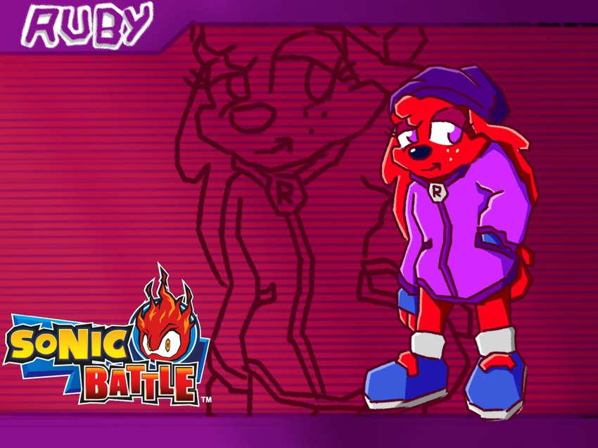 abstract_background anthro beanie clothing female fingerless_gloves fur gloves handwear hat headgear headwear hoodie red_body red_fur solo style_emulation text topwear lazy_ruby sega sonic_battle sonic_the_hedgehog_(series) ruby_mello_(dynamitegrizzly) bird_dog canid canine canis domestic_dog hunting_dog irish_setter mammal setter english_text hi_res trans_(lore) trans_woman_(lore)