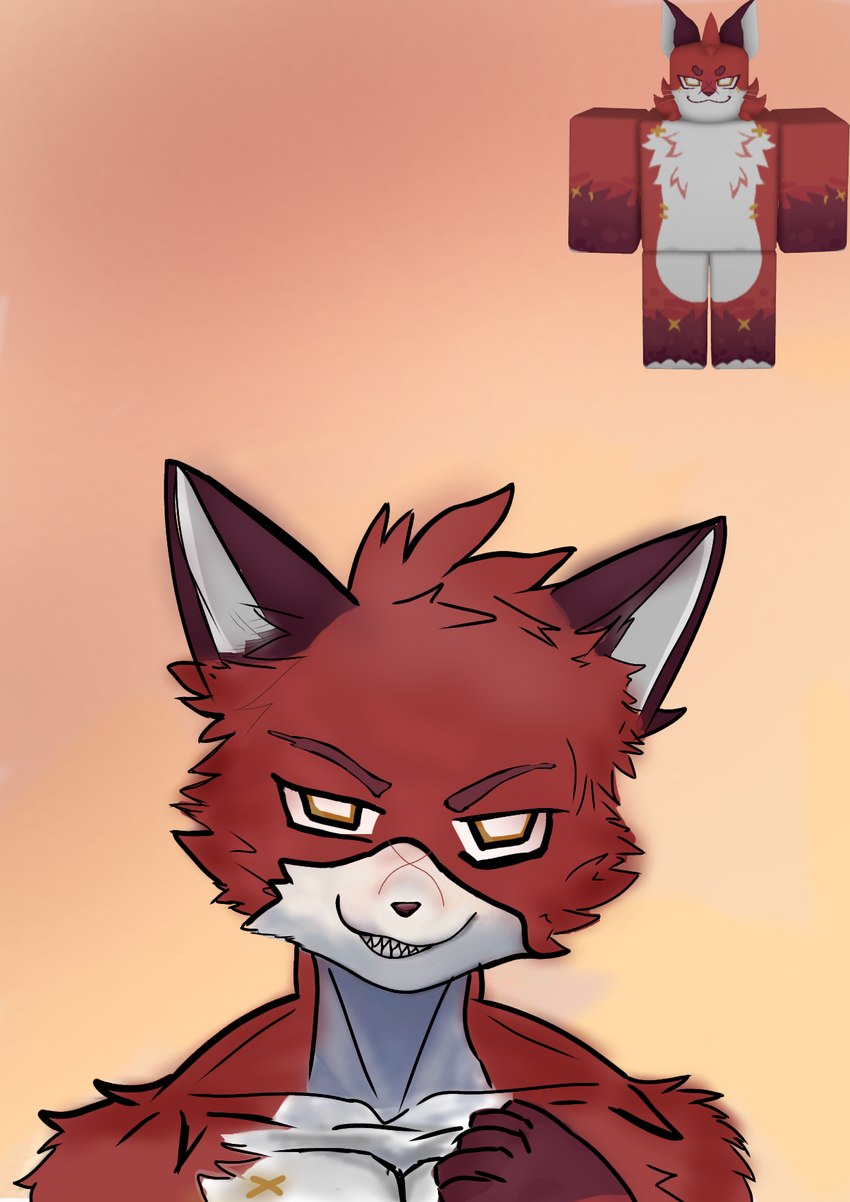 anthro fur looking_at_viewer male red_body red_fur sharp_teeth simple_background smug smug_grin solo teeth sanokiro kaiju_paradise roblox hazzy_(kaiju_paradise) hybrid hi_res