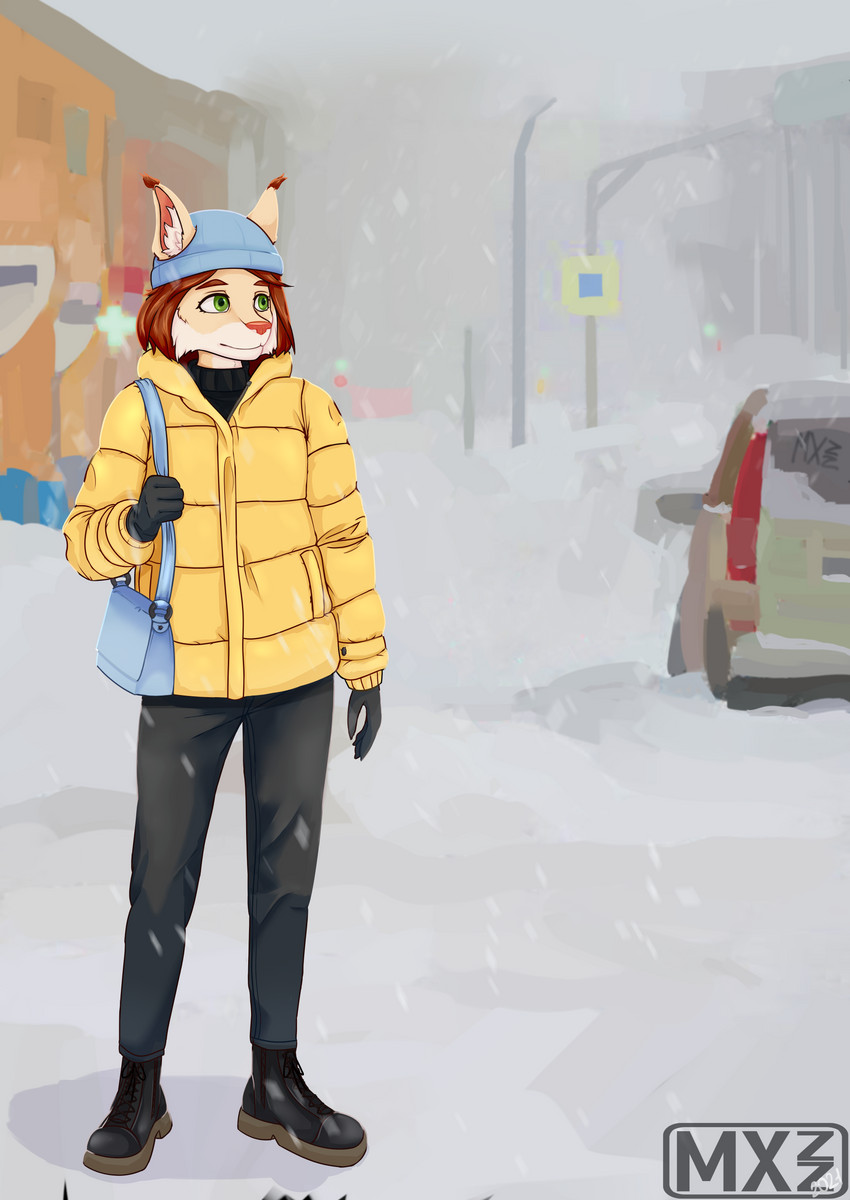 anthro clothing female green_eyes hair jacket outside red_hair snow snowing solo standing street topwear winter yellow_body maxizz nata_(maxizz) felid feline hybrid lynx mammal absurd_res hi_res