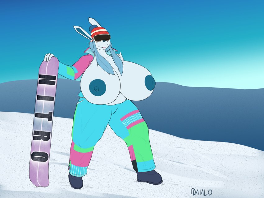 anthro areola big_breasts blue_areola blue_nipples breasts clothed clothing female huge_breasts nipples snow snowboard solo topless topless_female idaialo nintendo pokemon ashley_(sandslash) eeveelution generation_4_pokemon glaceon pokemon_(species) 4:3