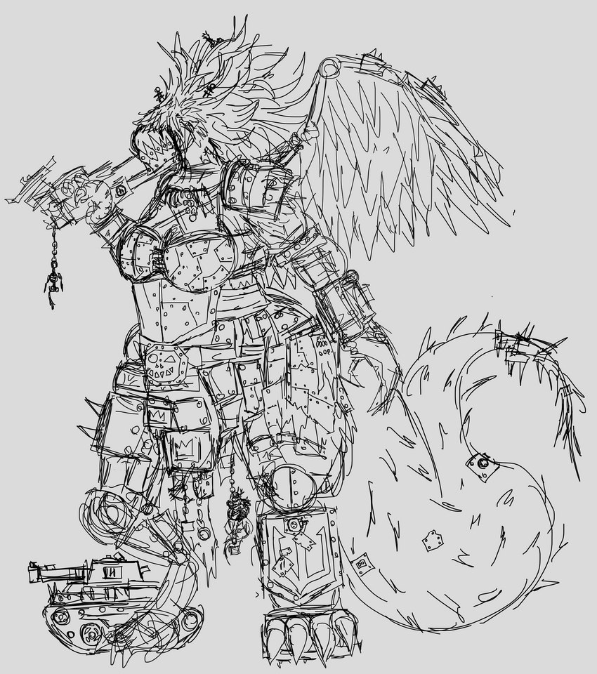 anthro armor dragonic drork female machine macro patchwork power_armor scrap solo wings pauliusthemad vwpologt dryad monster ork absurd_res hi_res monochrome