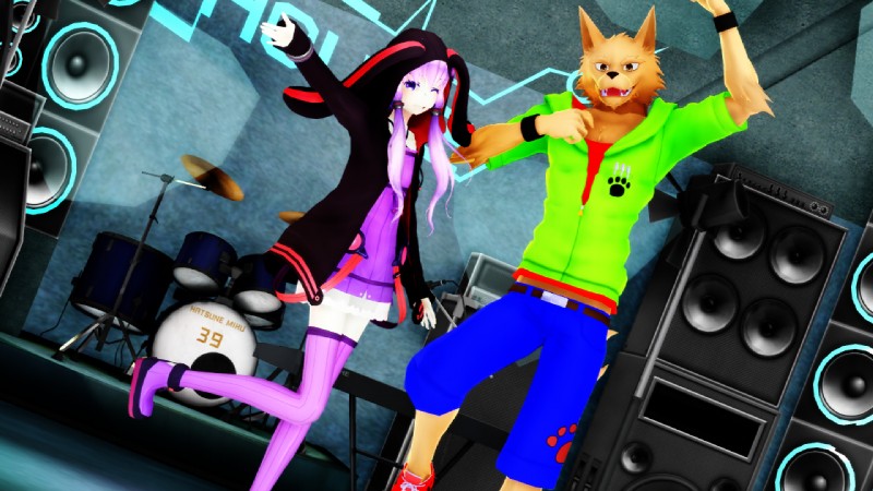 anthro black_nose blush clothing drum duo electronics female hair happy hood_up hoodie looking_at_viewer male microphone musical_instrument open_mouth percussion_instrument purple_hair smile speaker topwear malicekira utau vocaloid sou_notamine yuzuki_yukari canid canine canis domestic_dog human mammal 16:9 2018 3d_(artwork) digital_media_(artwork) mikumikudance_(artwork) widescreen