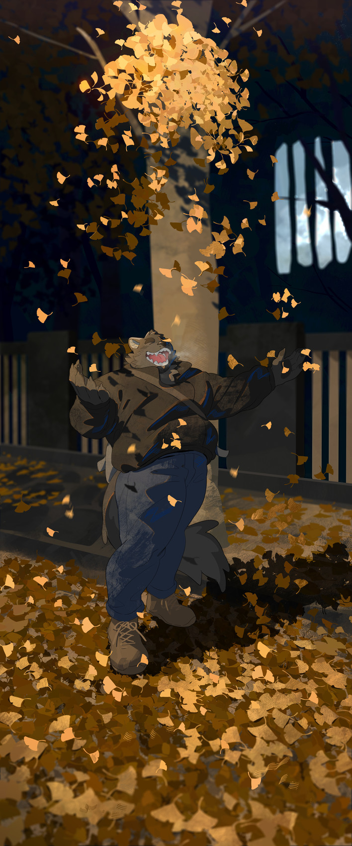 anthro autumn bag bag_around_shoulder black_body black_clothing black_fur black_jacket black_nose black_pawpads black_topwear blue_bottomwear blue_clothing blue_pants bottomwear breath brown_clothing brown_footwear brown_shoes clothing fence footwear fur jacket leaf male open_mouth outside pants pawpads plant shoes sidewalk solo street tail teeth topwear tree bogexboog pluto_hikari canid canine canis domestic_dog mammal 2025 absurd_res hi_res