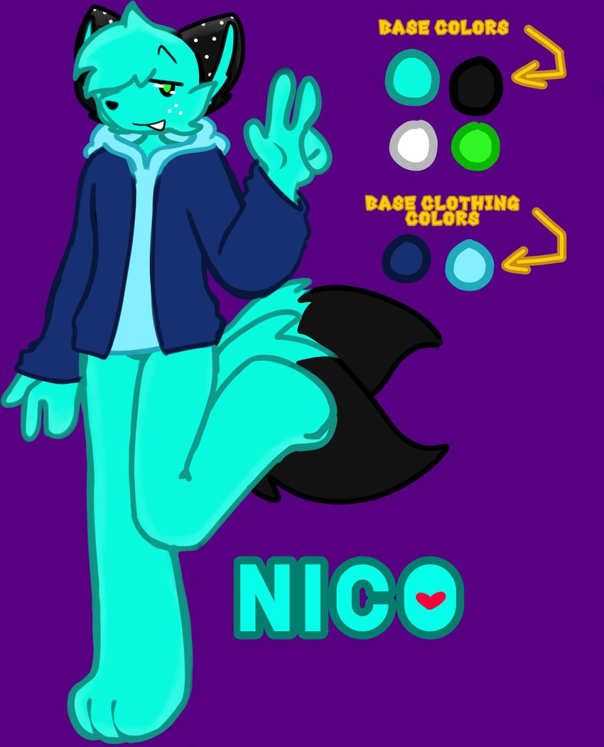 anthro black_ears black_nose blue_body blue_fur clothing freckles fur gesture green_eyes hand_gesture hoodie male multi_tail overcoat pose raised_leg smile solo spotted_ears tail topwear v_sign anonymous_artist nico_(arineko) canid canine canis domestic_cat felid feline felis hybrid mammal wolf absurd_res hi_res model_sheet